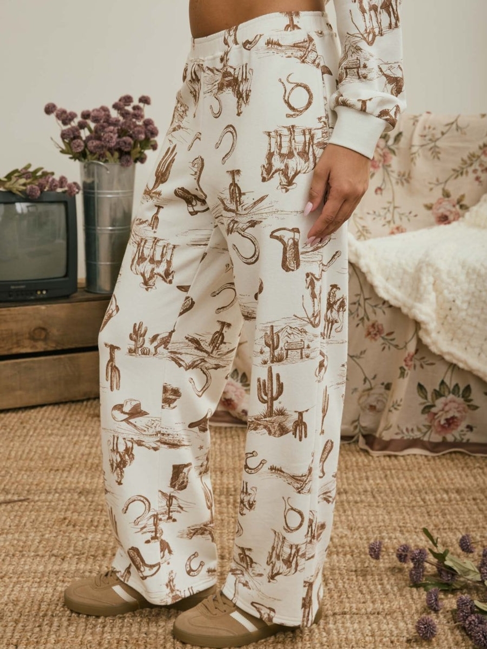 Cream Western-Print Wide Leg Lounge Pants